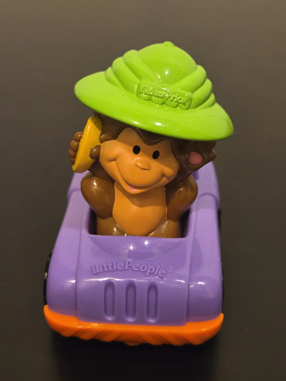 Little People Zoo Monkey In Purple Car with Green Hat Holding Bananas Wheelie